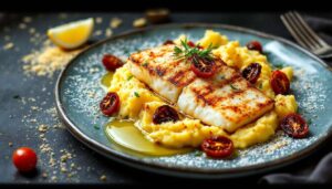 Rezept Doradenfilet auf Bouillabaisse-Stampf, mit knusprigem Bärlauch garniert